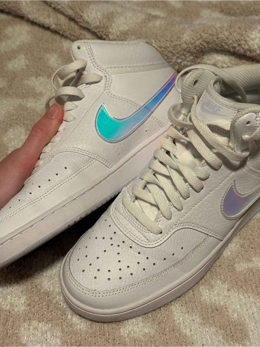 Nike Women’s High-Top Sneakers - White with Iridescent Teal-Lilac Swoosh